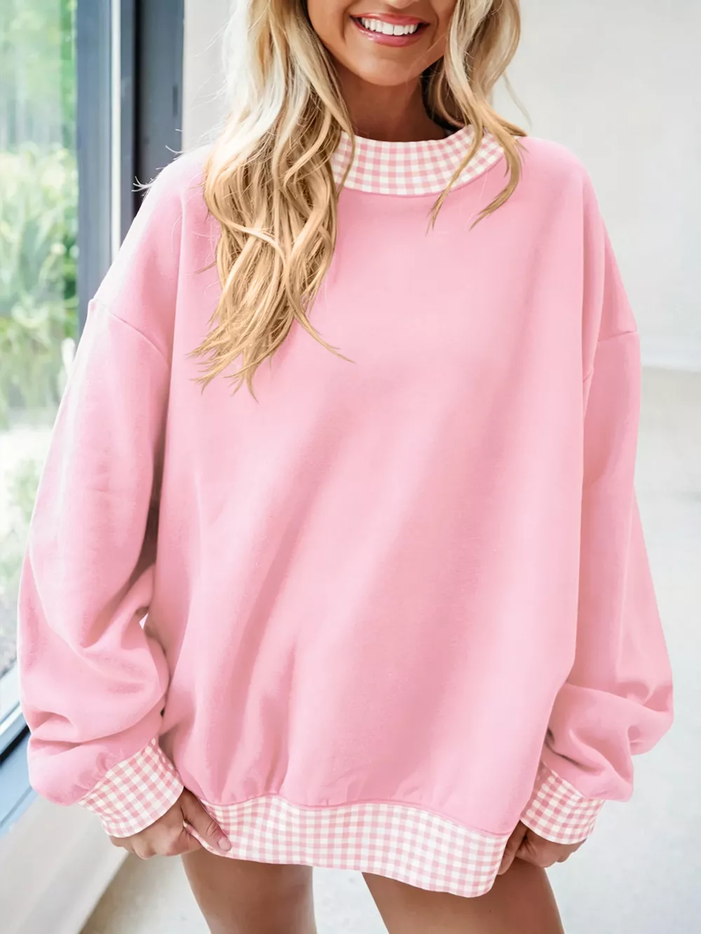 Gingham Trim Dropped Shoulder Sweatshirt, image 9