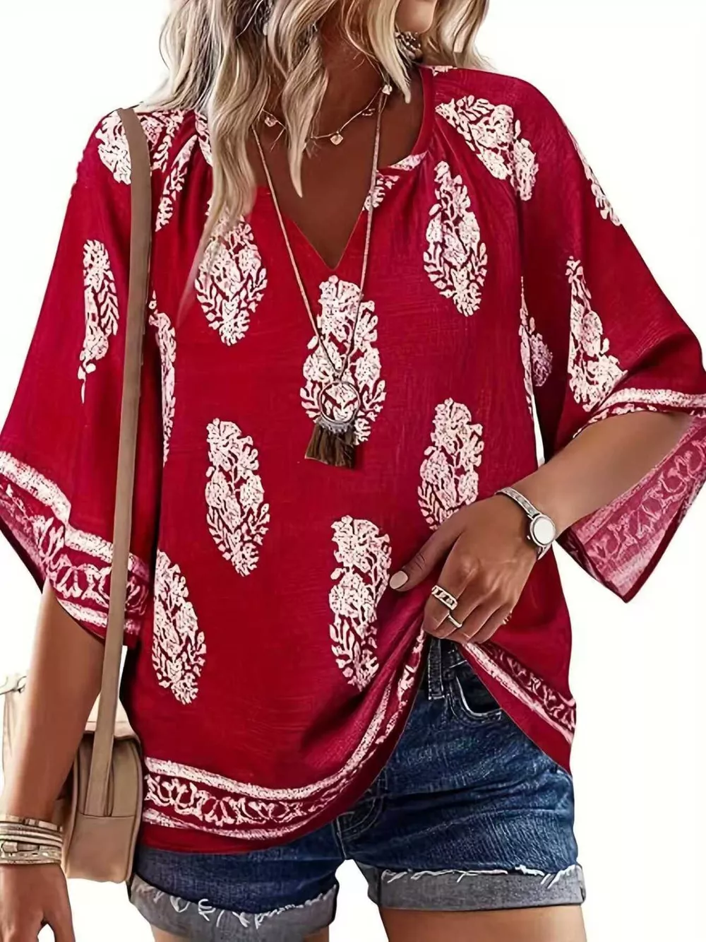 Printed Notched 3/4 Sleeve Blouse, image 7
