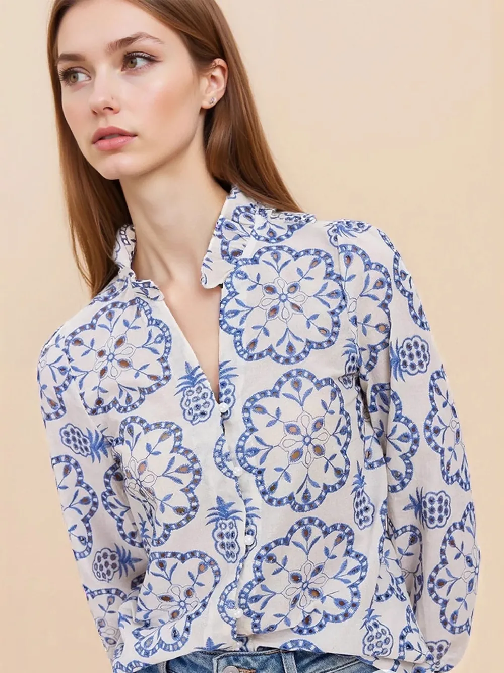 Eyelet Embroidered Long Sleeve Shirt, image 4