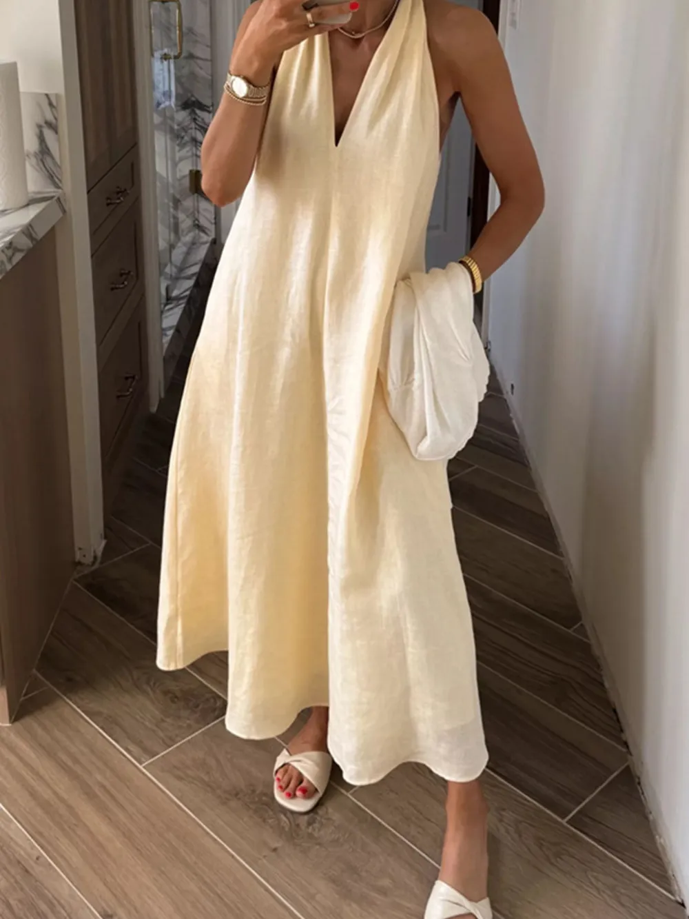 Halter V-Neck Linen Midi Dress