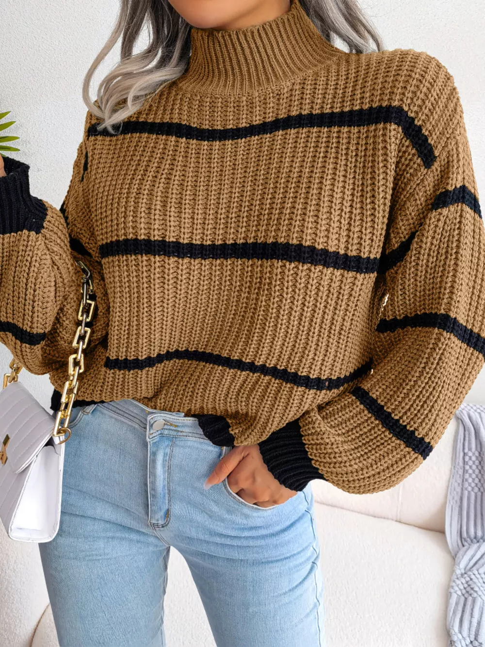 Striped Mock Neck Knit Sweater, image 3