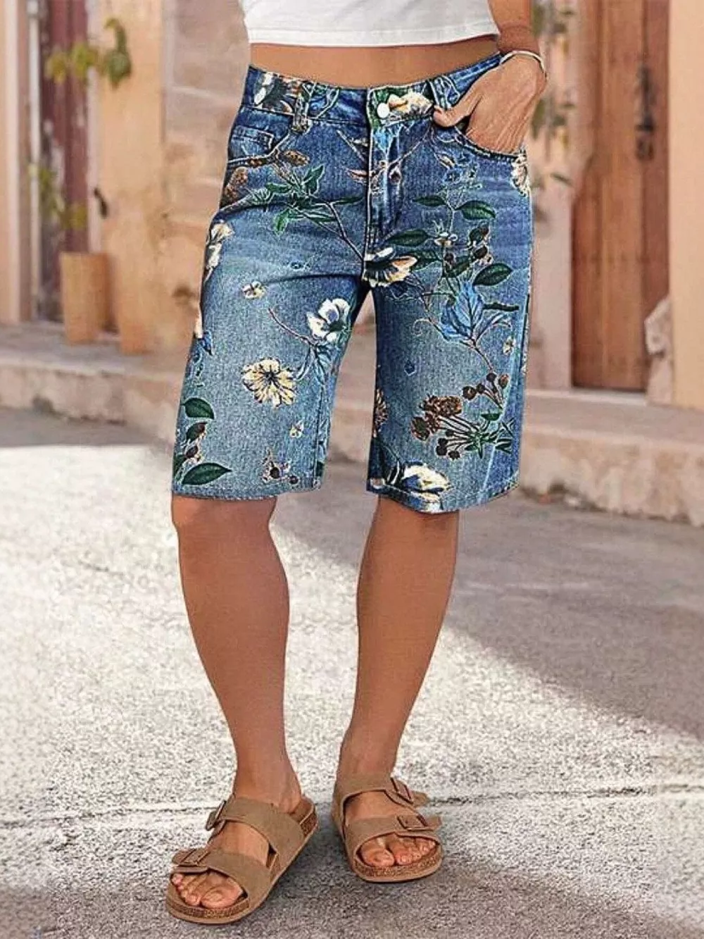 Floral Print Denim Shorts