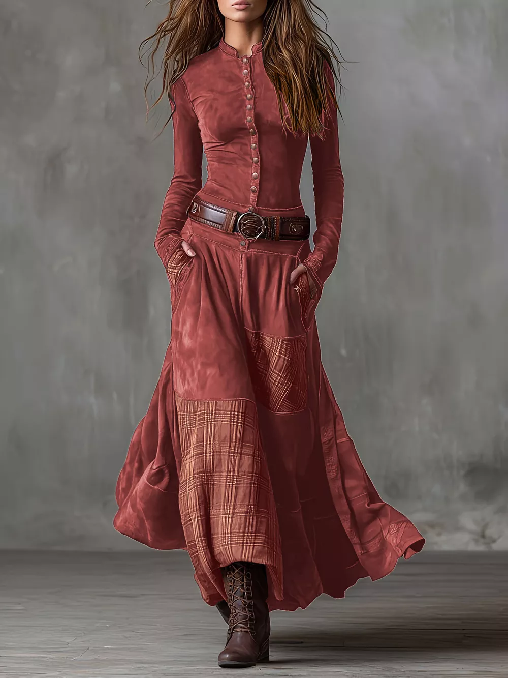 Full Size Plaid Button Front Long Sleeve Dress Plus Size, image 9