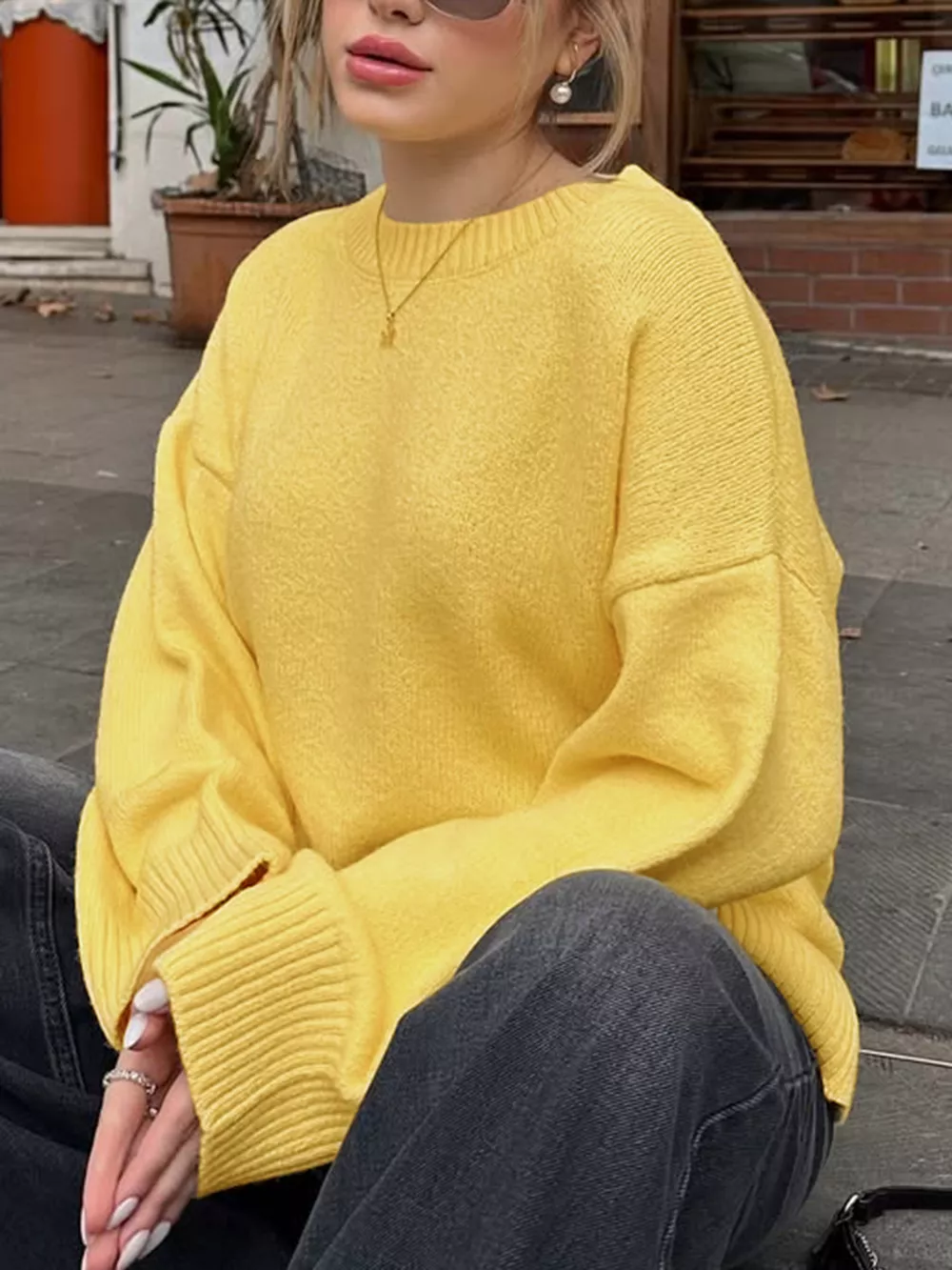 Ribbed Round Neck Dropped Shoulder Sweater, image 7
