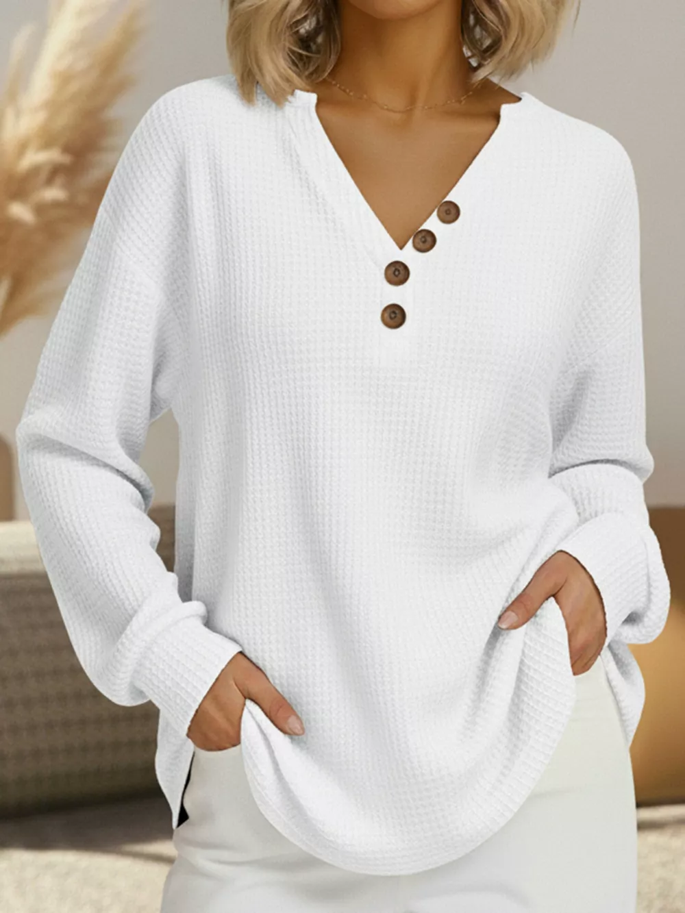 Full Size Casual Waffle Knit Long Sleeve T-Shirt Plus Size, image 12