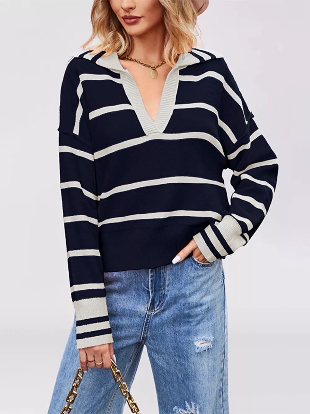 Striped Johnny Collar Dropped Shoulder Sweater, image 6