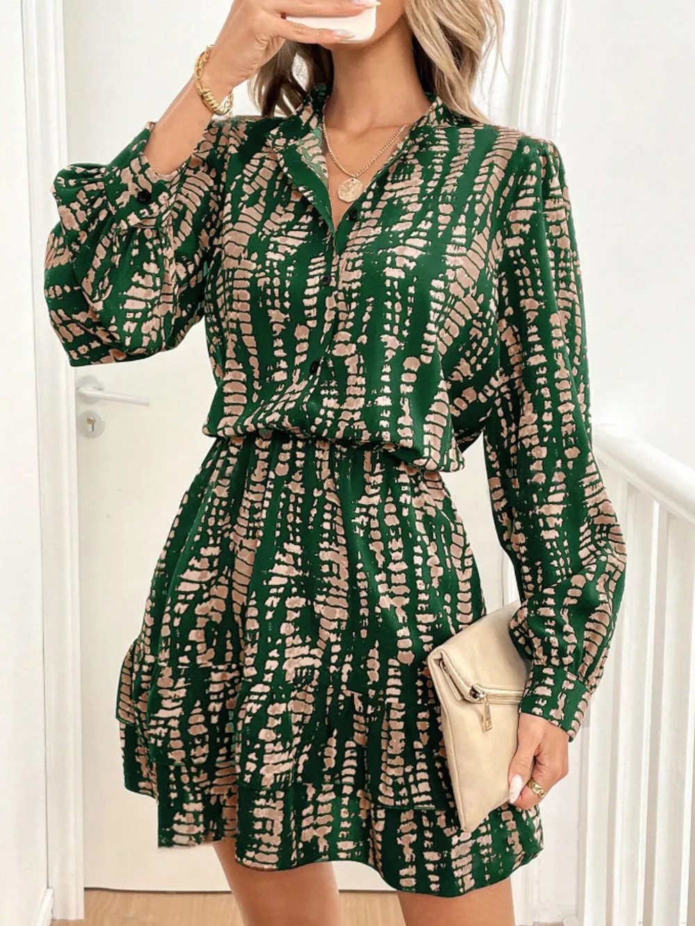 Printed Long Sleeve Mini Dress, image 3