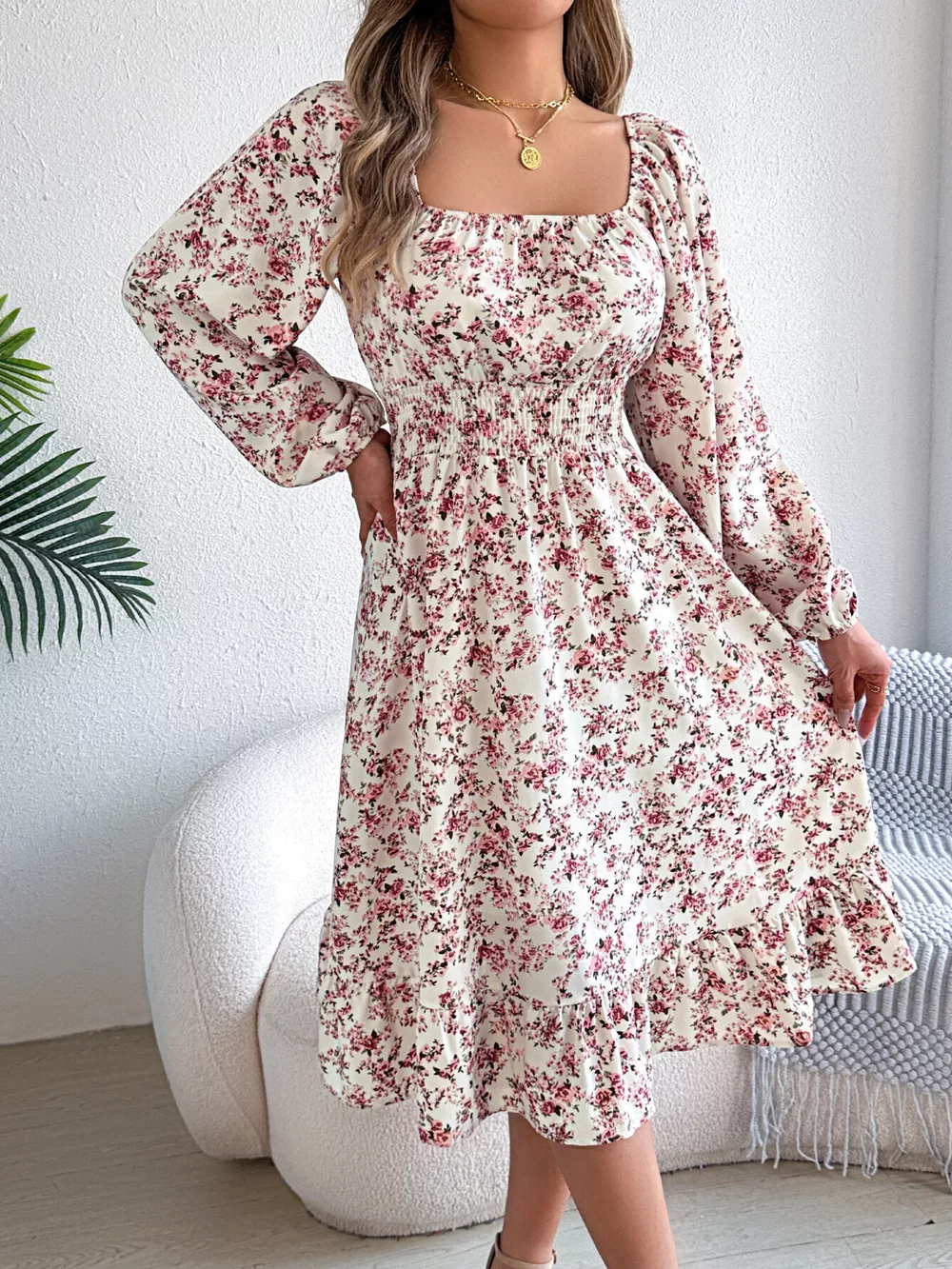 Floral Print Long Sleeve Square Neck Midi Dress, image 4