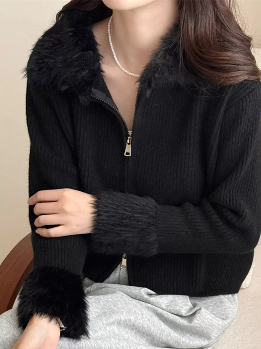 Fluffy Trim Zip-Up Cardigan, image 6
