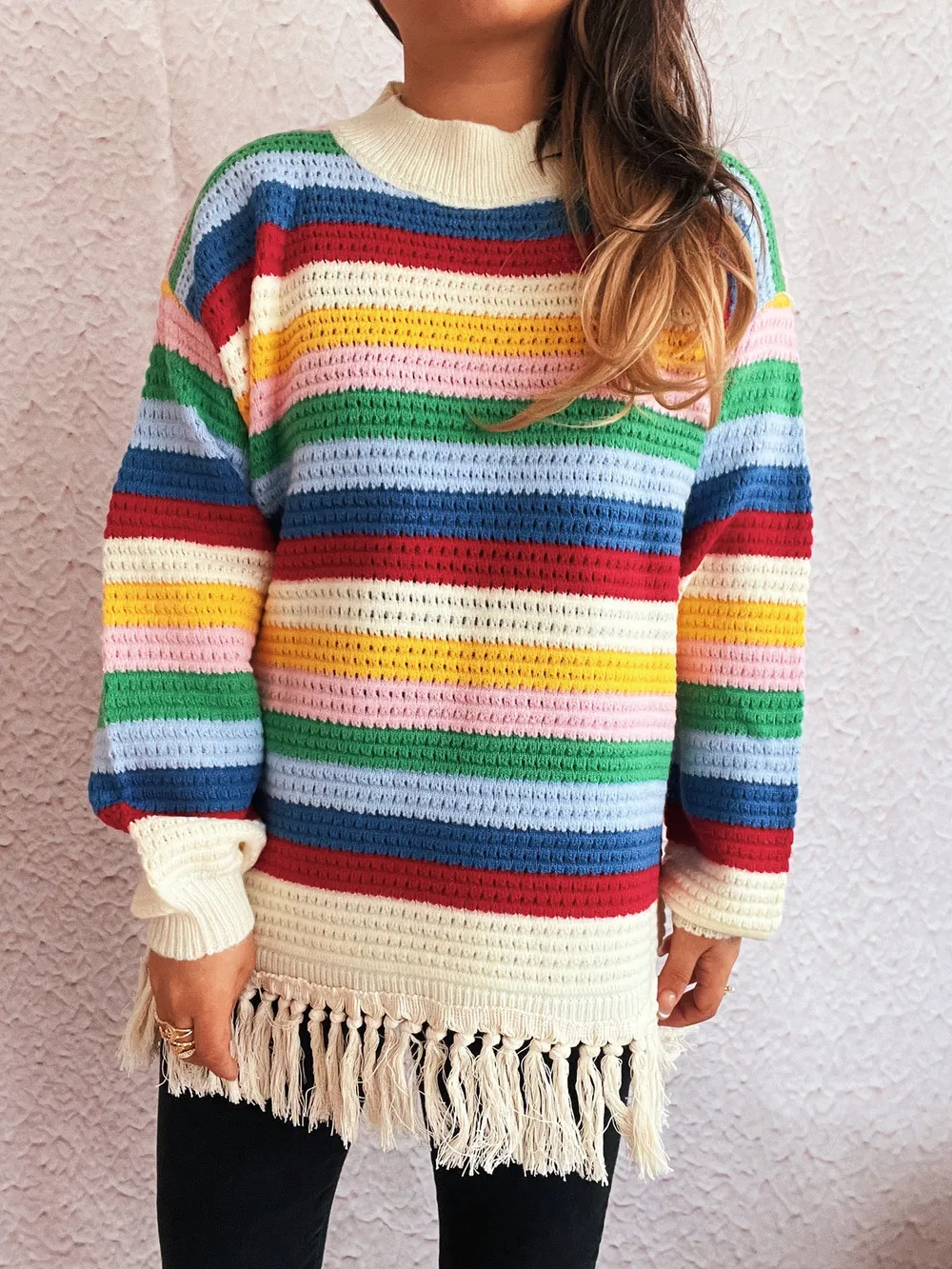 Tassel Rainbow Striped Long Sleeve Sweater, image 8