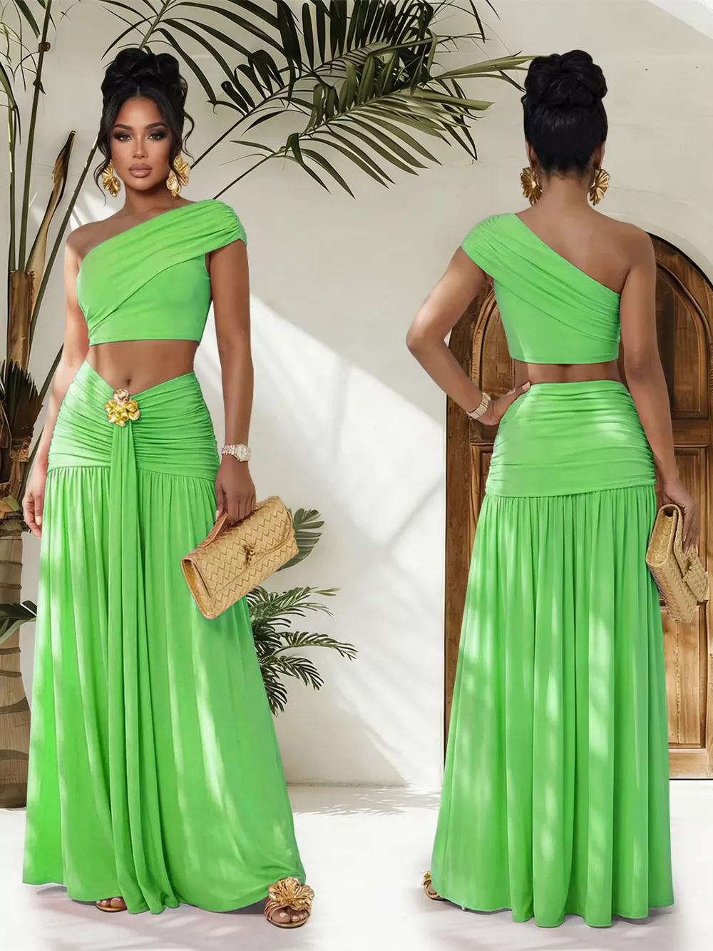 One-Shoulder Top and Ruched Maxi Skirt Set, image 10