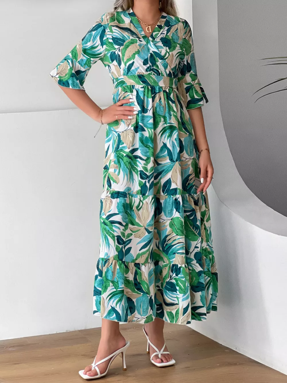 Tropical Leaf Print Half Sleeve Midi Dress, image 2