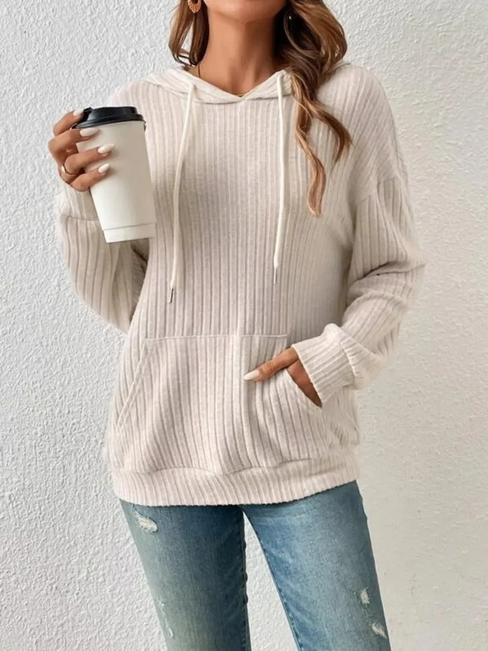 Casual Ribbed Knit Drawstring Hoodie, image 2