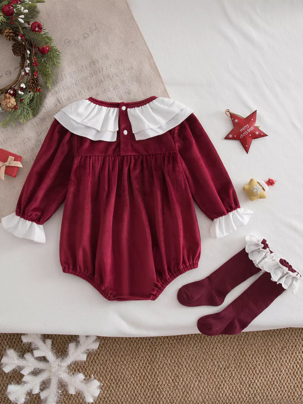 Children's Christmas Velvet Bodysuit and Socks Set, image 2