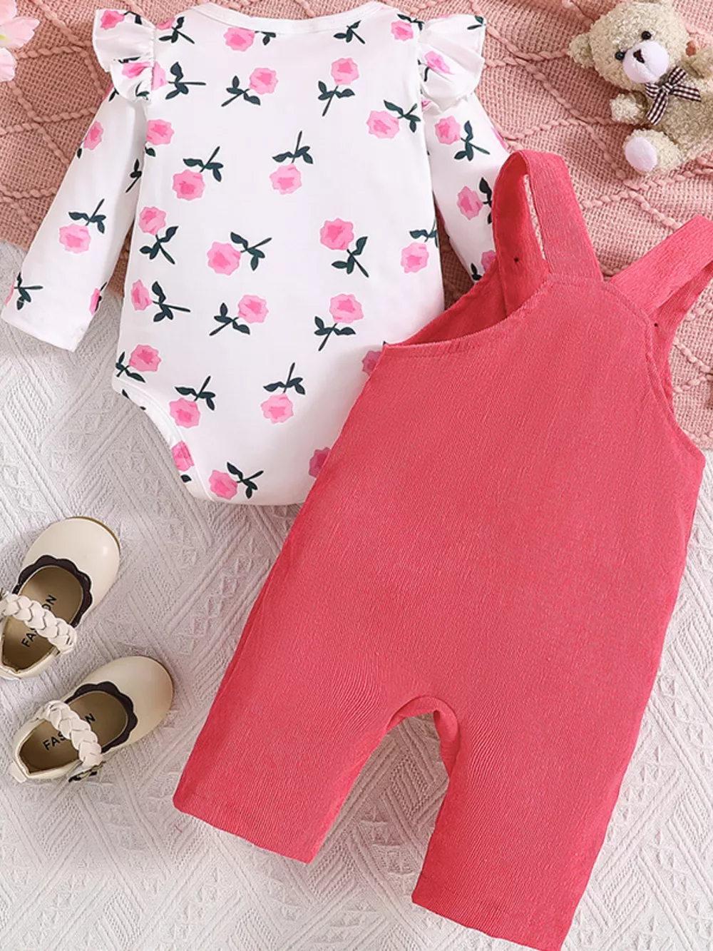 Children's Floral Bodysuit and Bear Overalls Set with Headband, image 3