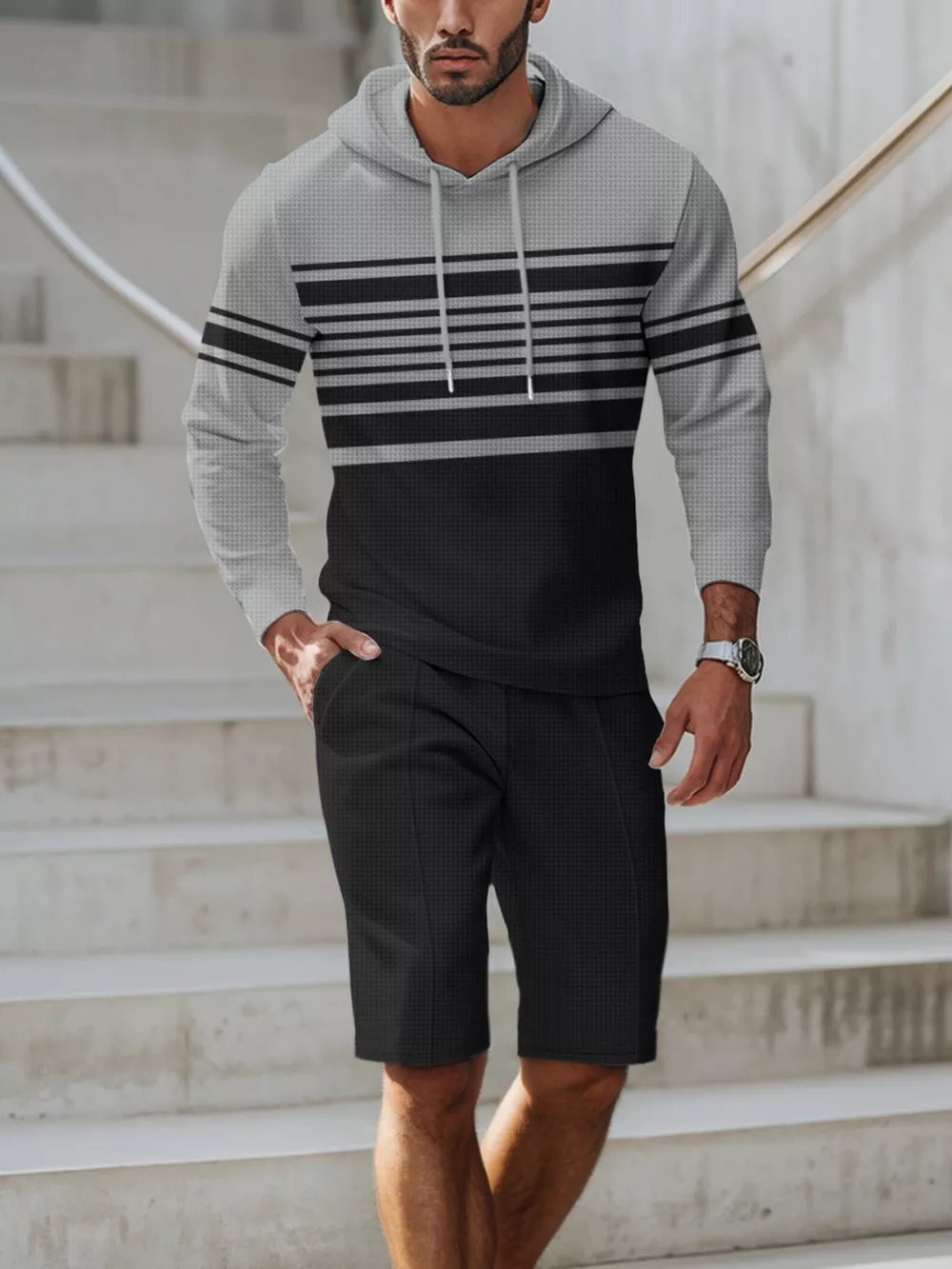 Men's Full Size Striped Hoodie & Shorts Casual Set Plus Size, image 6