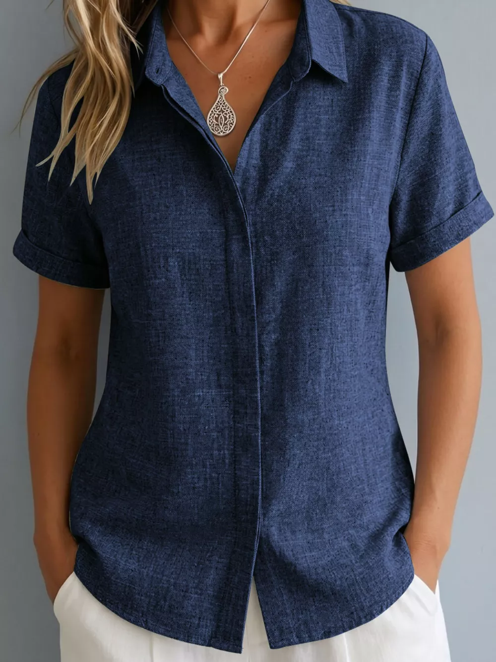 Full Size Collared Neck Short Sleeve Shirt Plus Size, image 13