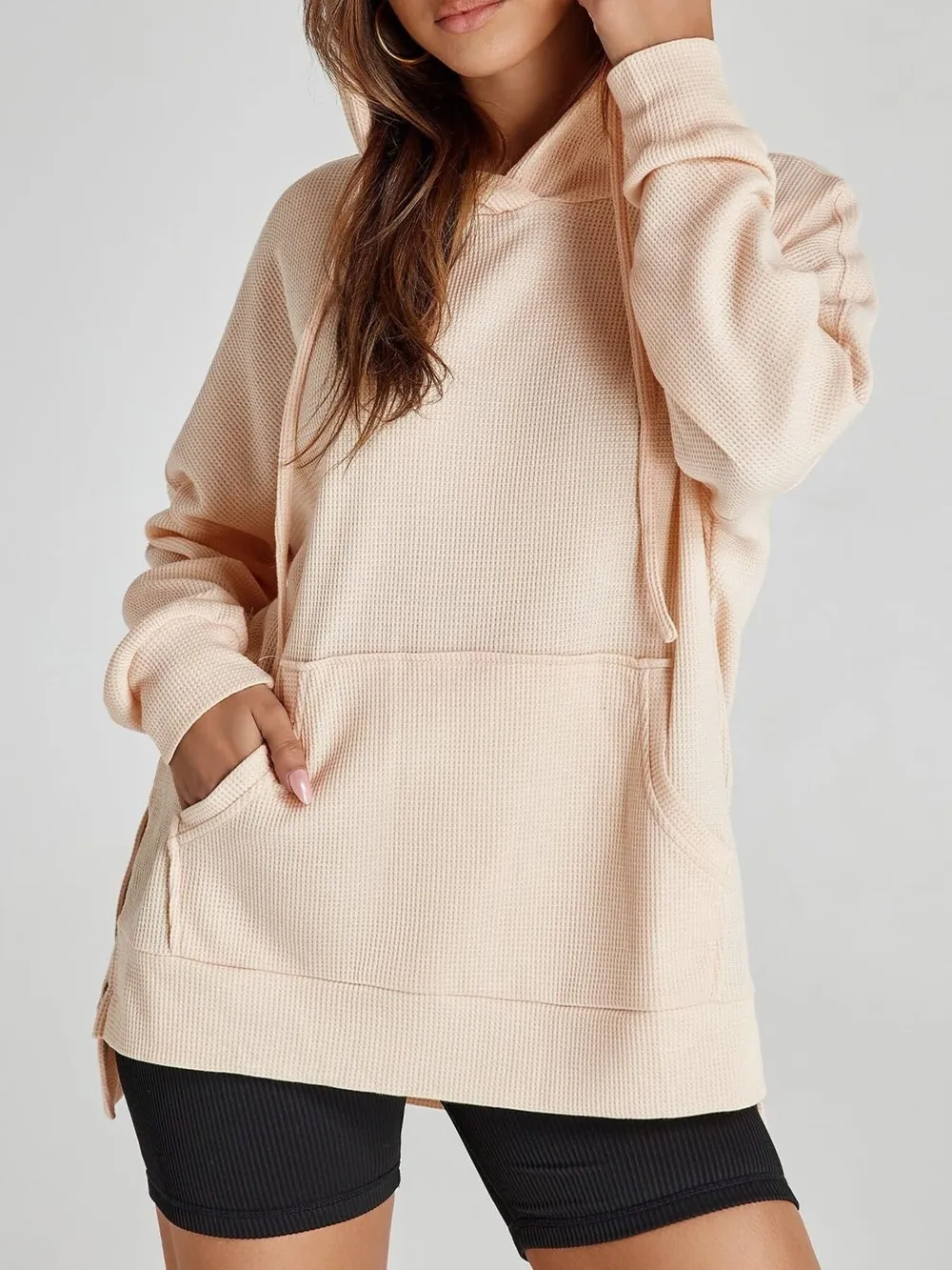 Slit Drawstring Waffle Knit Hoodie, image 3