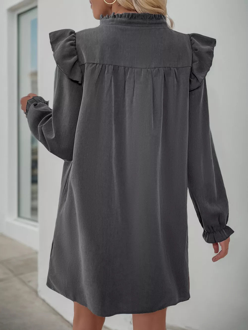 Ruffled Notched Long Sleeve Dress, image 10