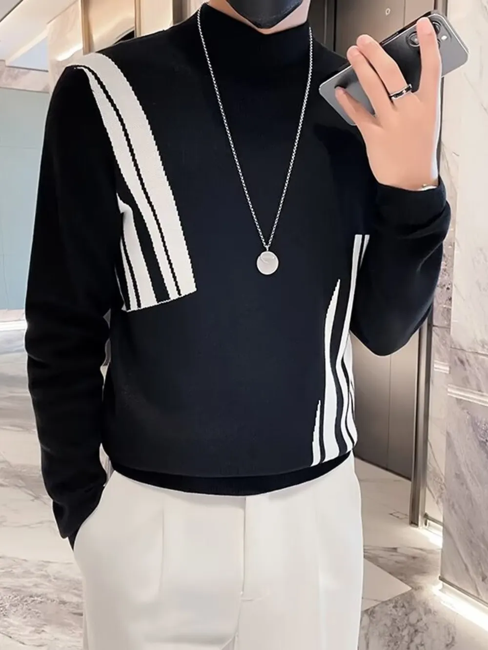 Men's Plus Size Striped Pattern Turtleneck Pullover, image 2