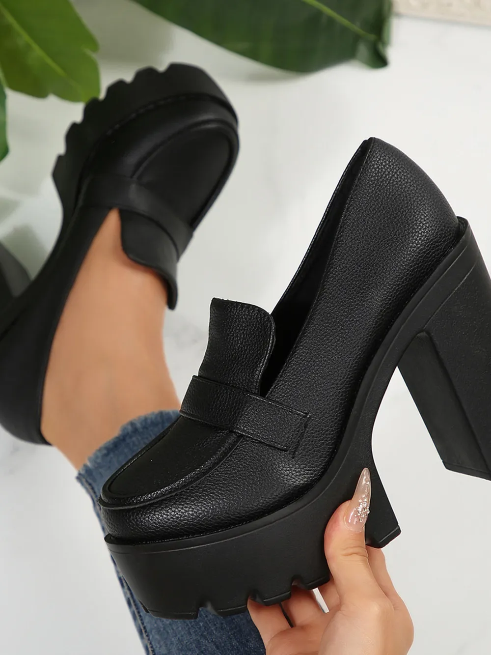Round Toe Platform Block Heels Pumps, image 4