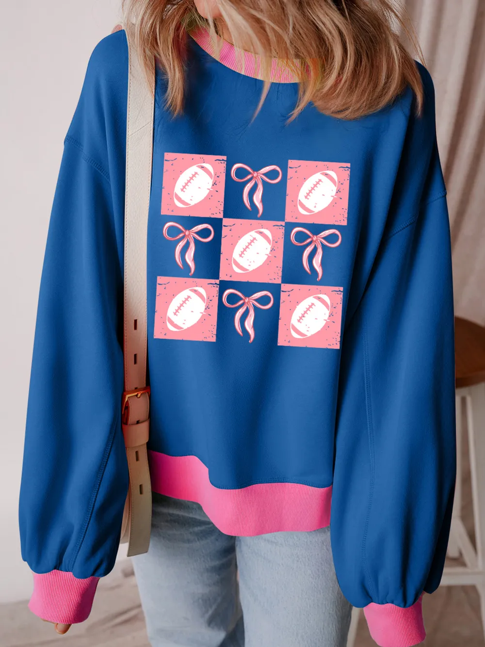 Bowknot Graphic Game Day Contrast Trim Drop Shoulder Casual Sweatshirt, image 2