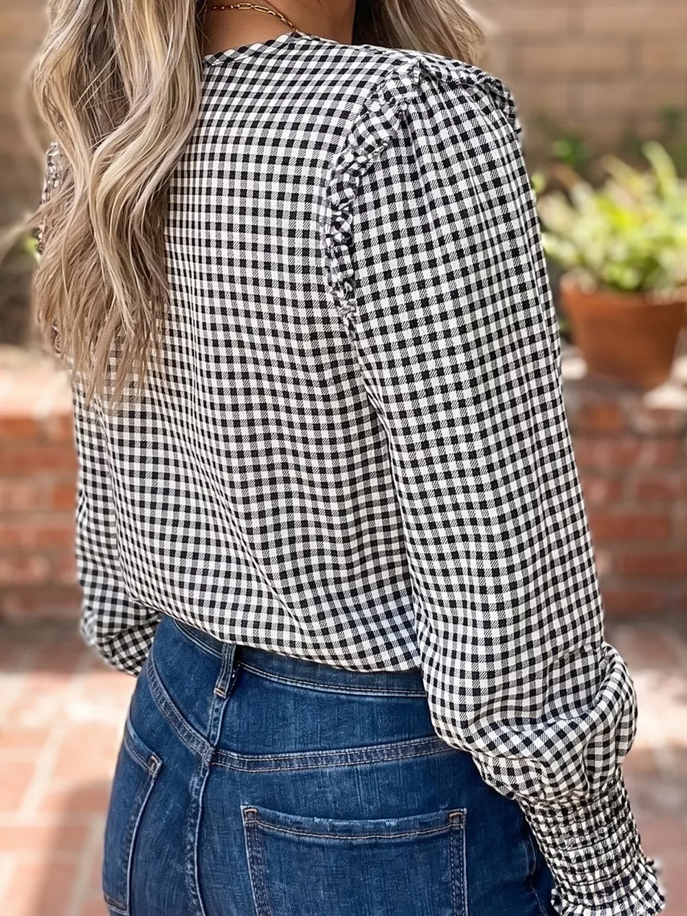 Plaid Shirred Cuff Long Sleeve Round Neck Blouse, image 5