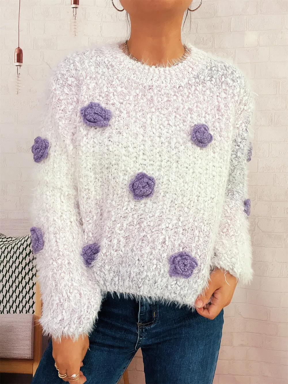 Flower Embellished Round Neck Sweater, image 3