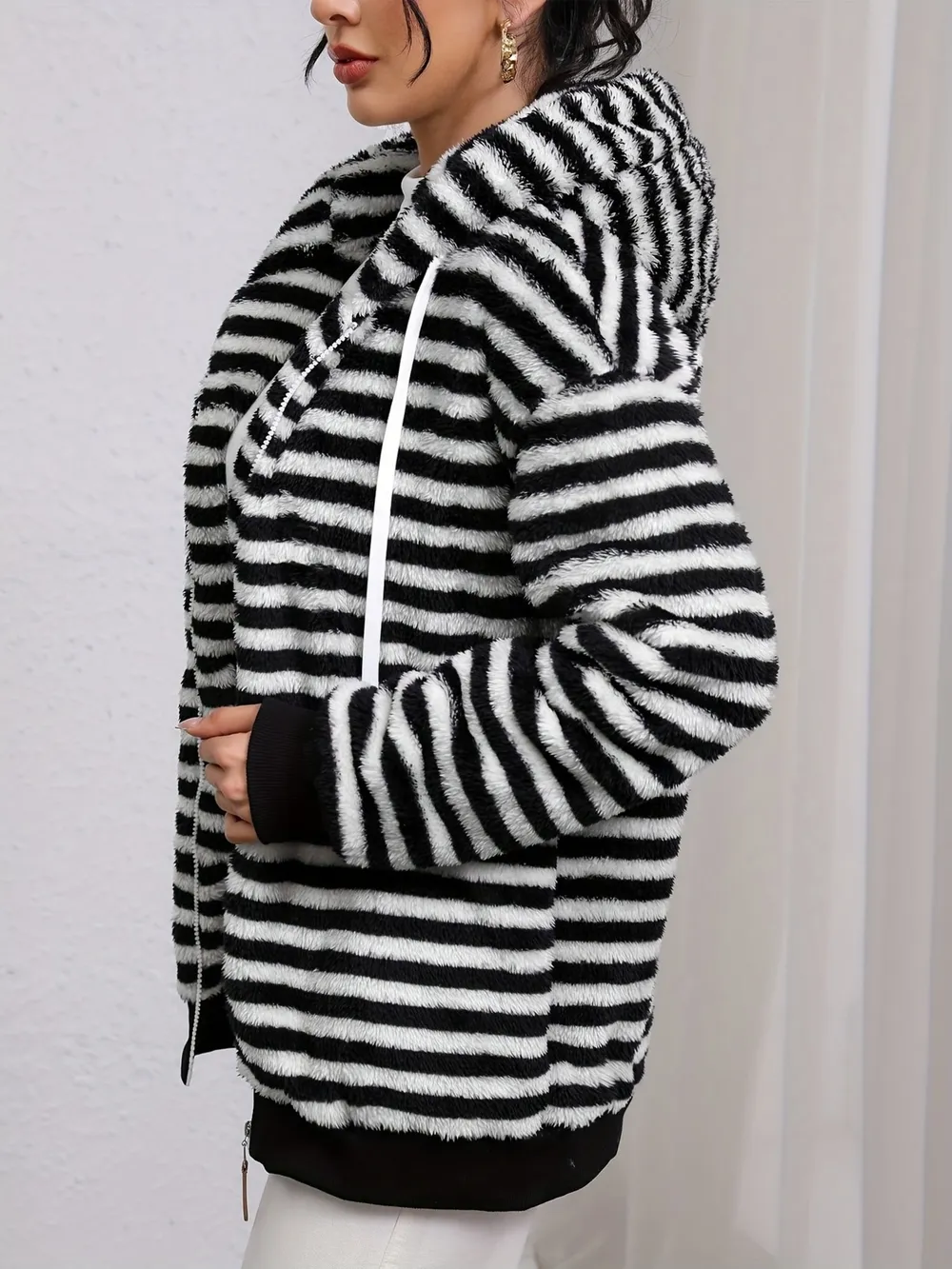 Striped Fuzzy Zip Up Hooded Outerwear, image 3