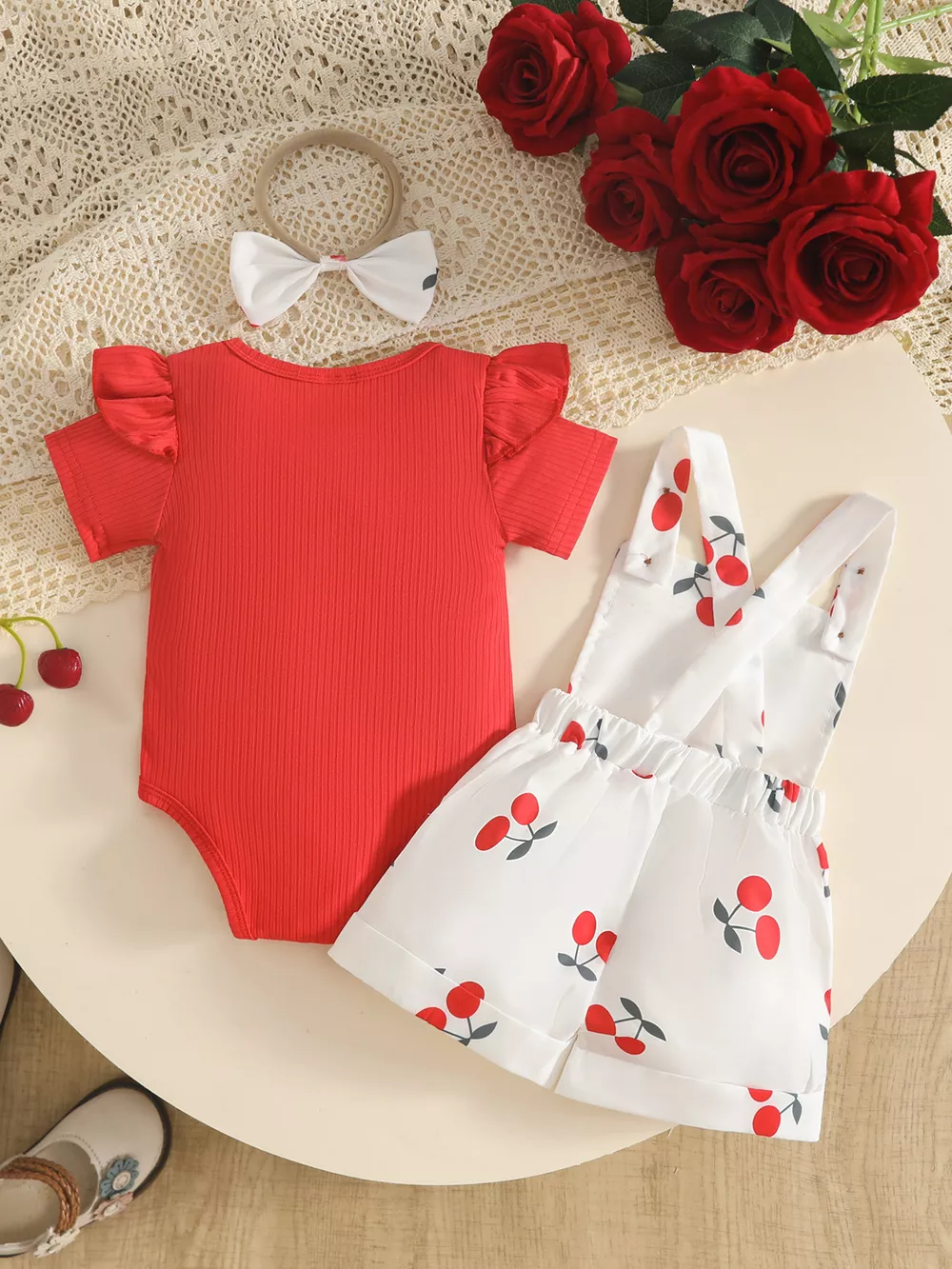 Children's Floral Print Overalls and Ribbed Top Set with Bow Headband, image 8