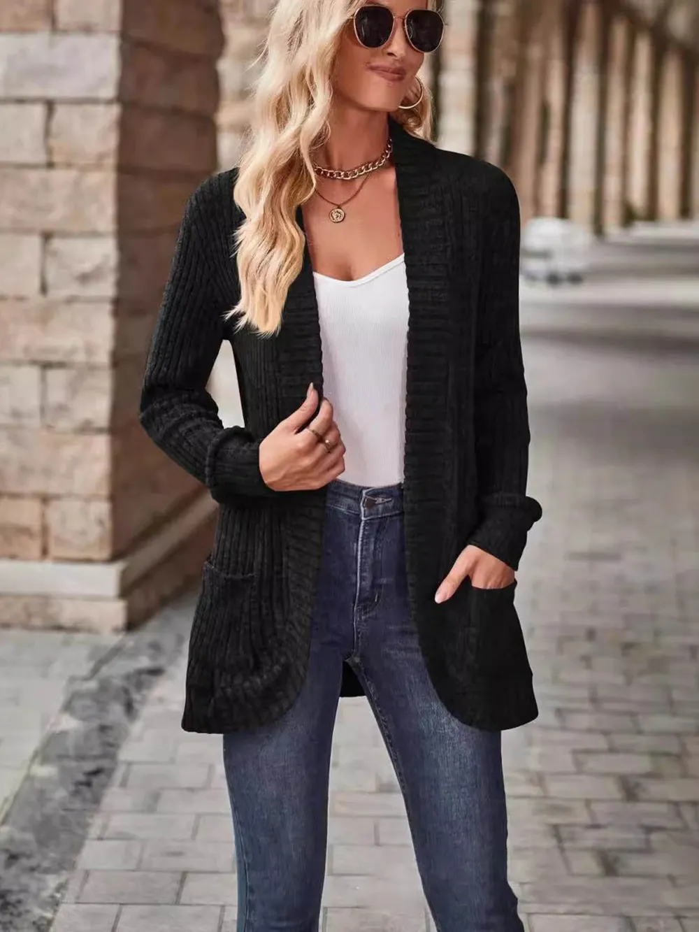 Ribbed Open Front Long Cardigan with Pockets, image 8