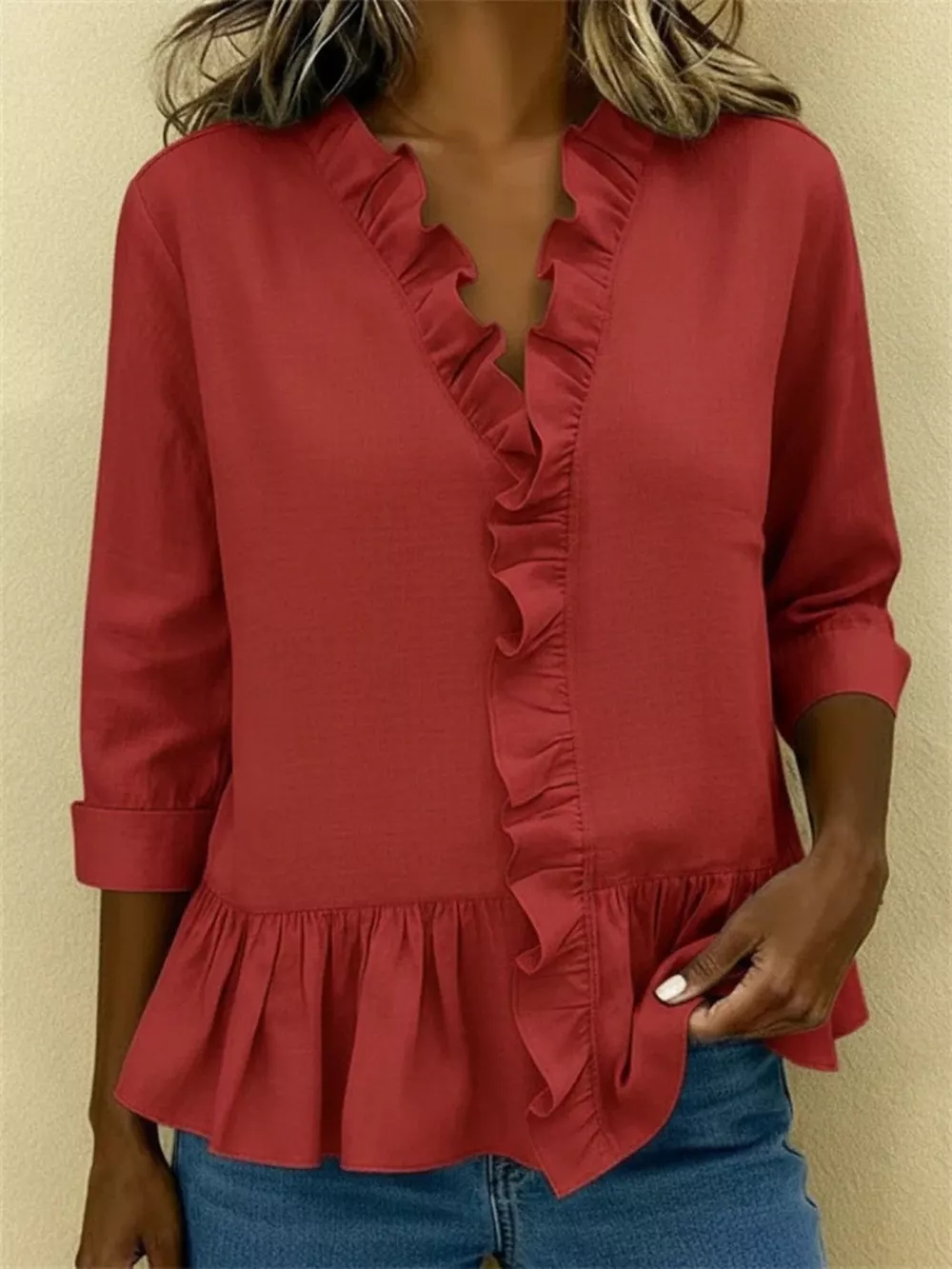 Full Size Ruffled V-Neck Long Sleeve Blouse Plus Size, image 14