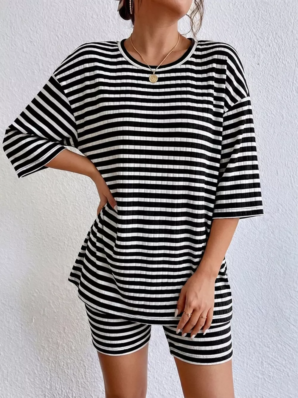 Striped Round Neck Top and Shorts Set, image 7