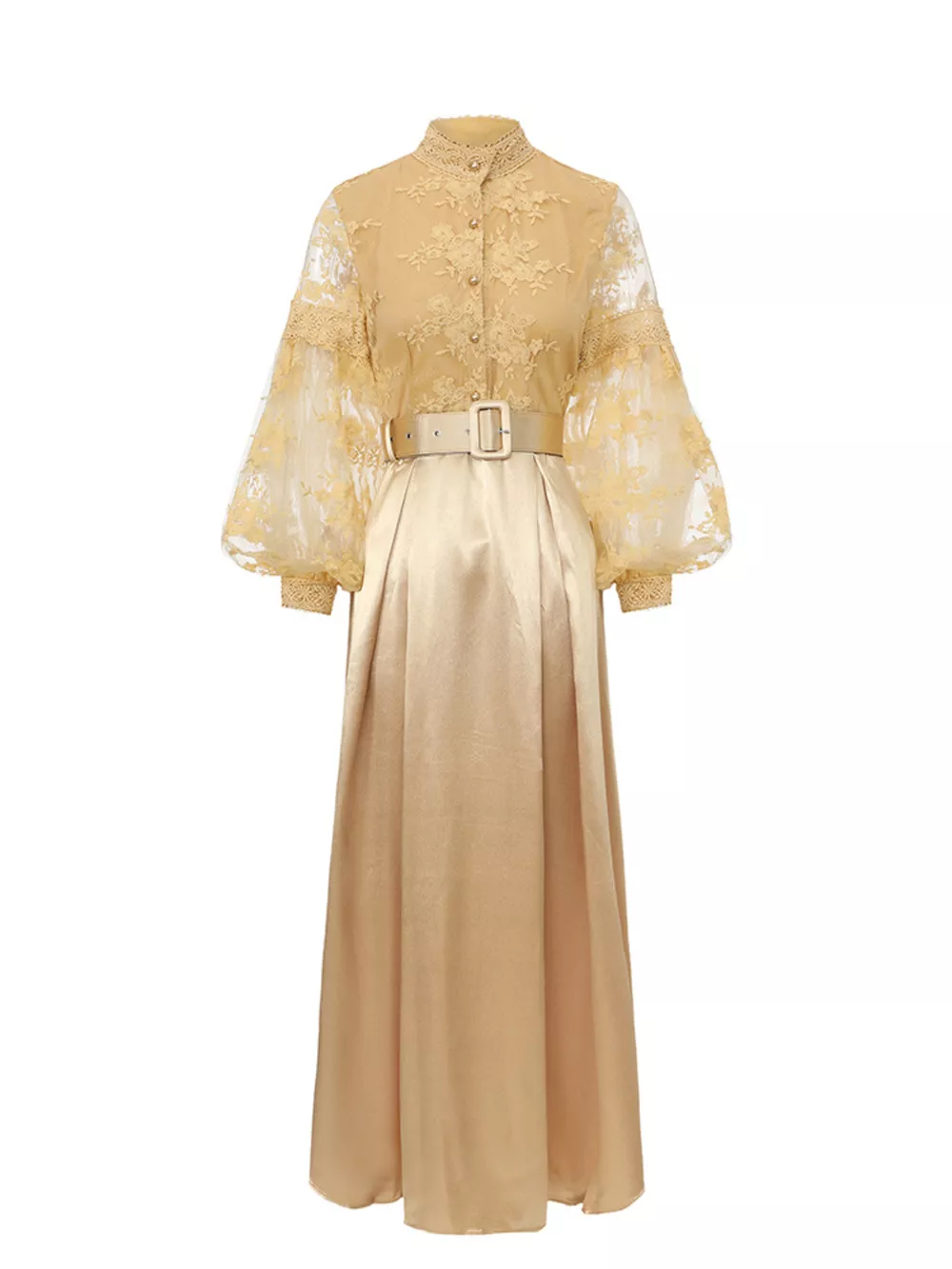 Lace Lantern Sleeve Belted Maxi Dress