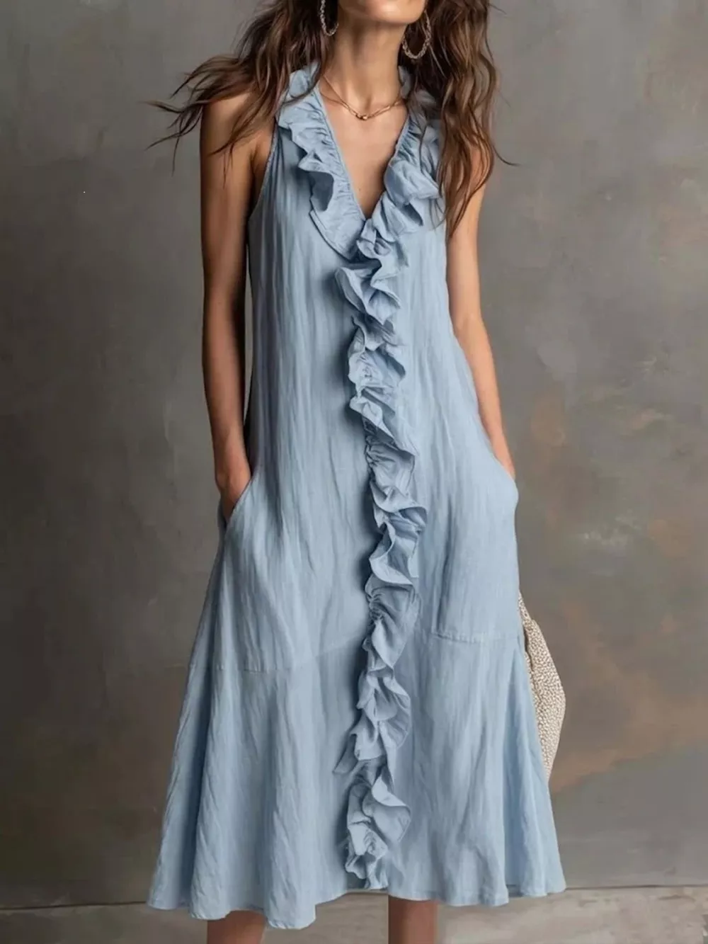Sleeveless Ruffle Trim V-Neck Midi Dress, image 9