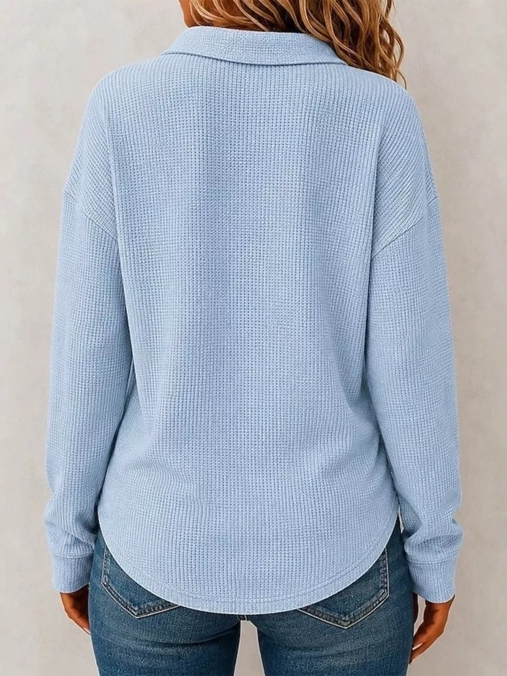 Full Size Waffle Knit Dropped Shoulder Polo Top Plus Size, image 2