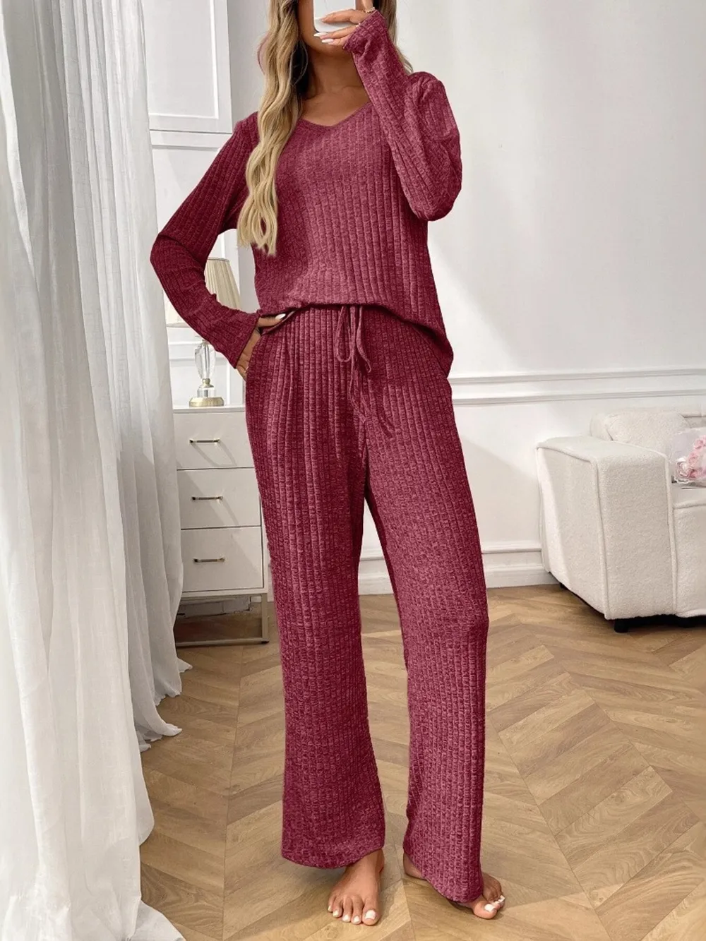 Ribbed Long Sleeve Top and Pants Lounge Set, image 18