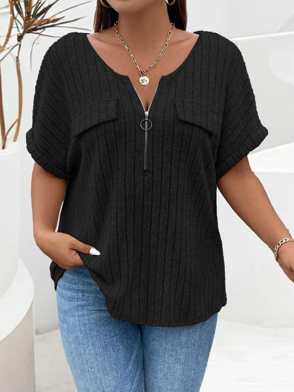 Plus Size Ribbed Half Zip Relaxed Fit T-Shirt, image 9