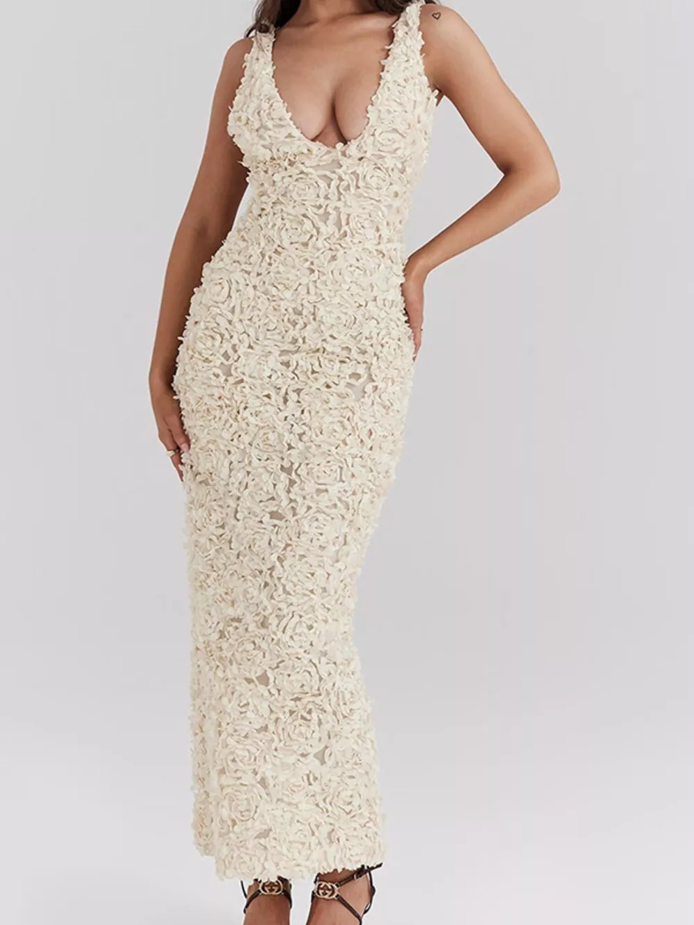 Floral Applique Deep V-Neck Maxi Dress, image 4