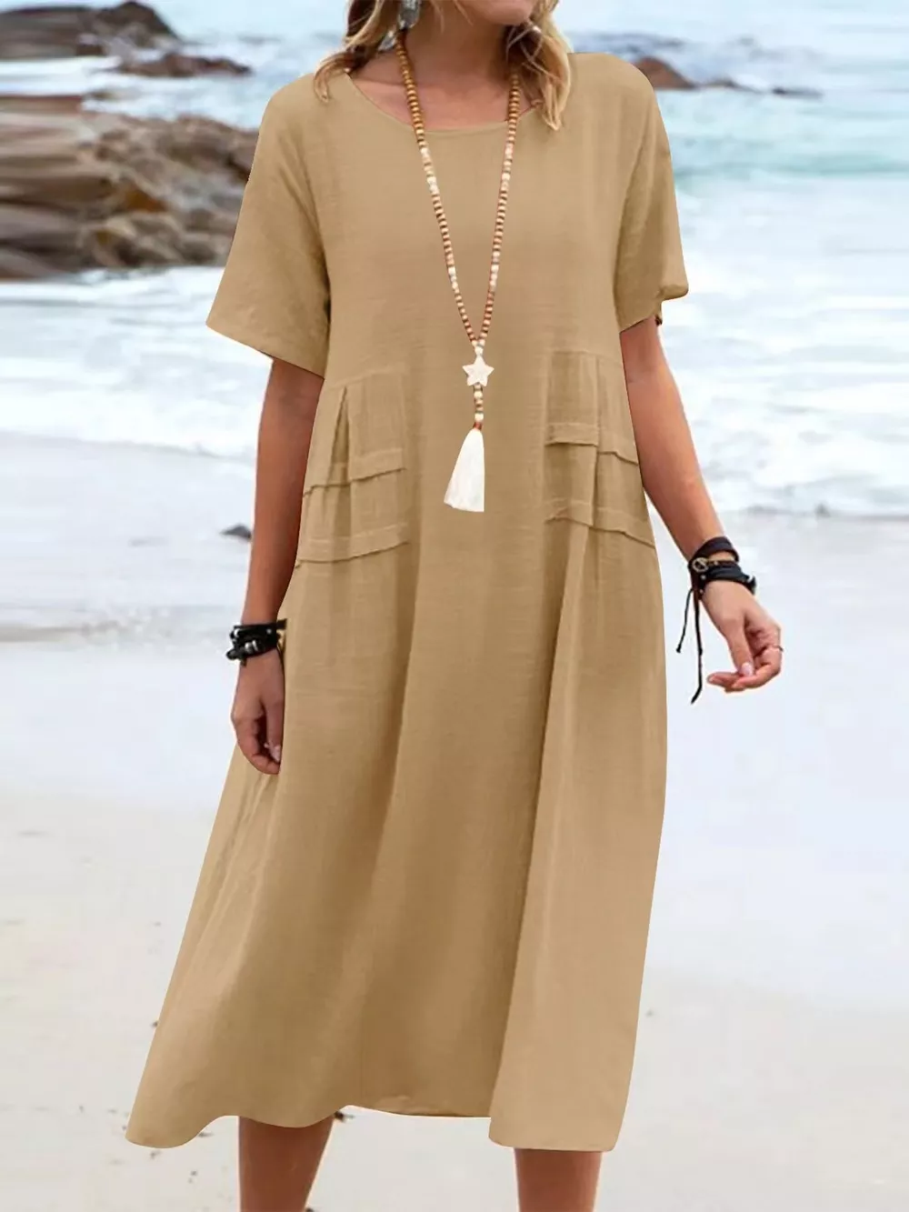 Full Size Casual Linen Blend Midi Dress Plus Size, image 11