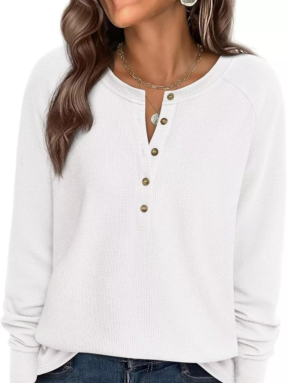 Waffle Knit Henley Long Sleeve T-Shirt, image 6