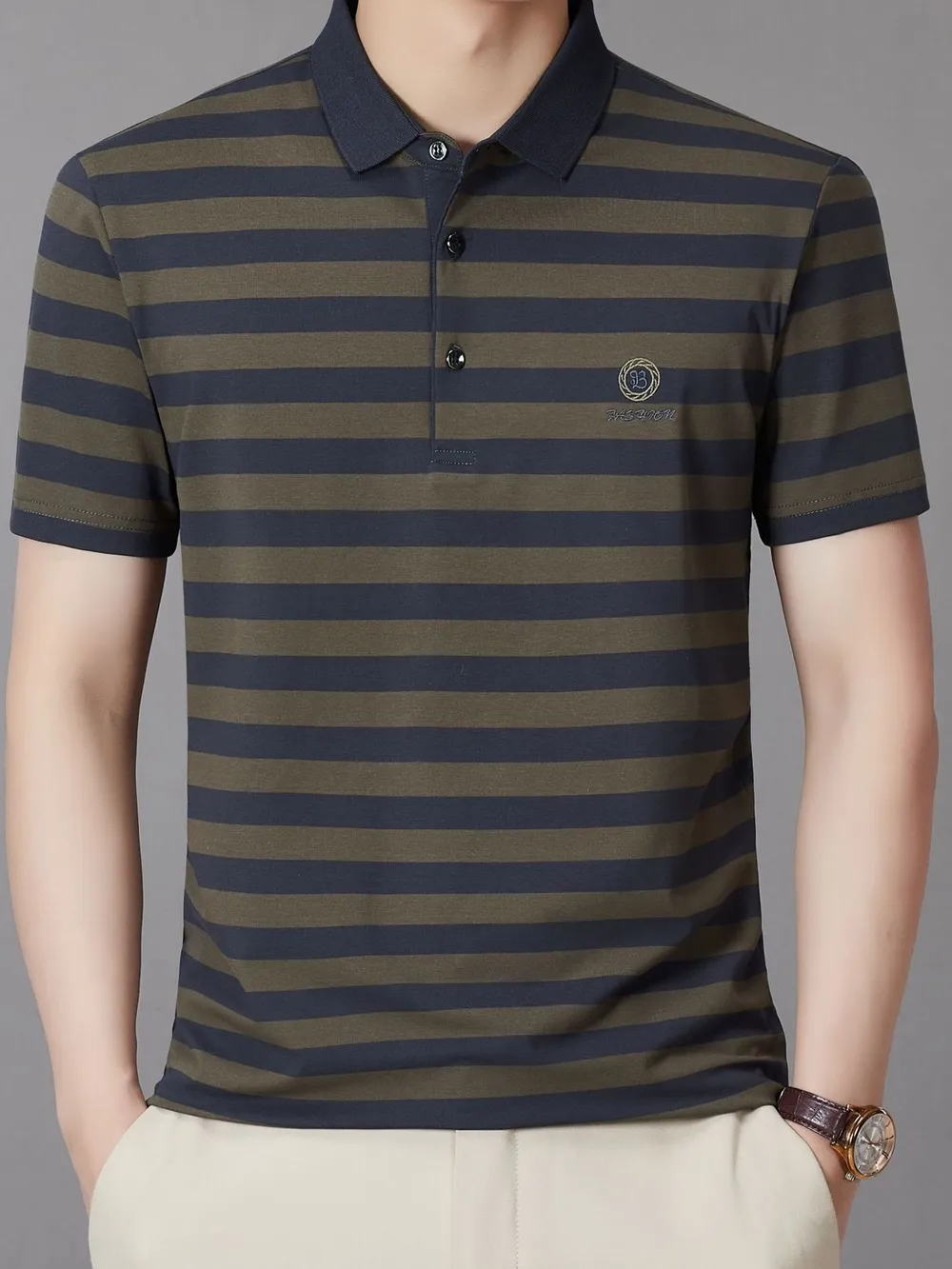 Men's Striped Button Detail Short Sleeve Polo, image 3