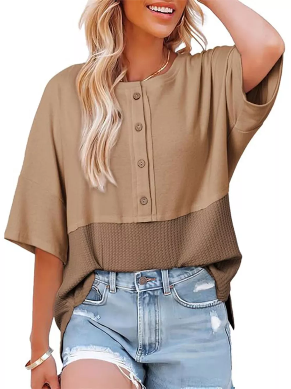 Button Detail Texture Knit T-Shirt, image 16