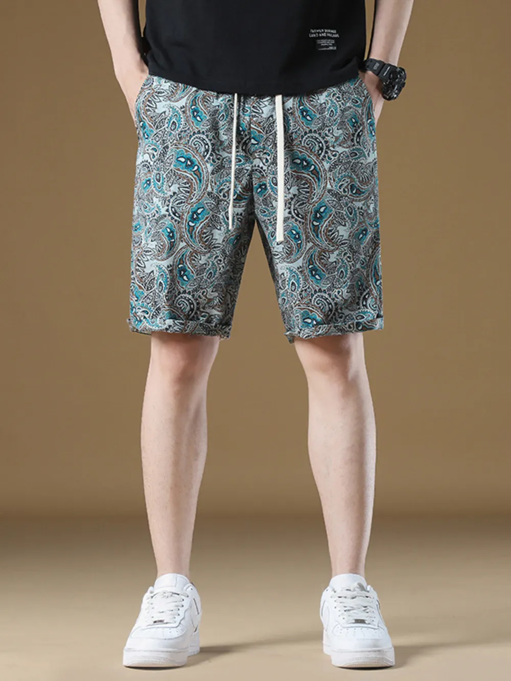 Men's Plus Size Paisley Print Drawstring Beach Shorts, image 3