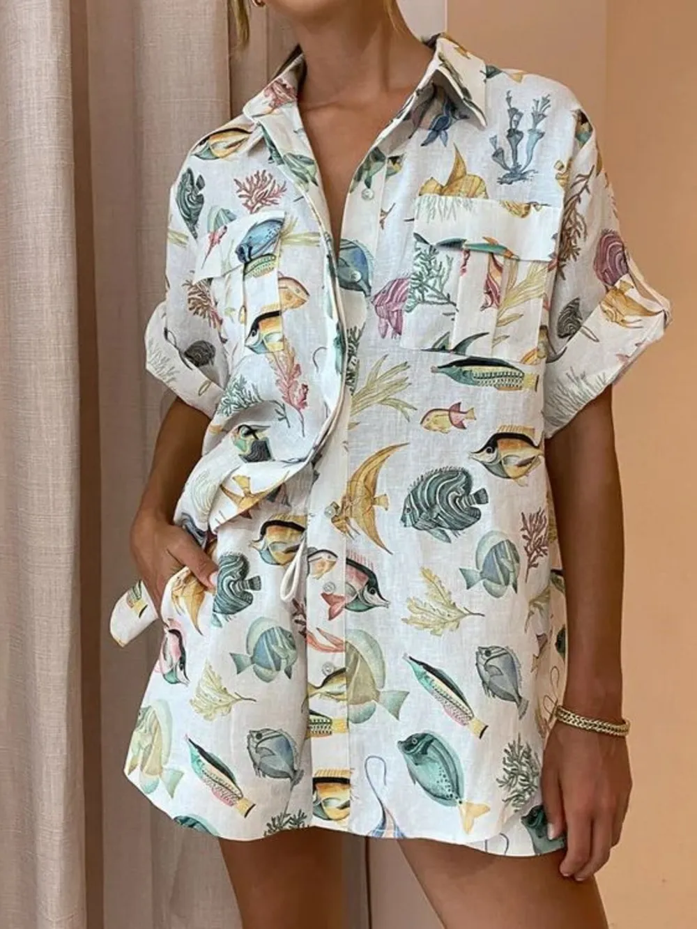 Tropical Print Oversized Button-Up Shirt and Shorts Set, image 2