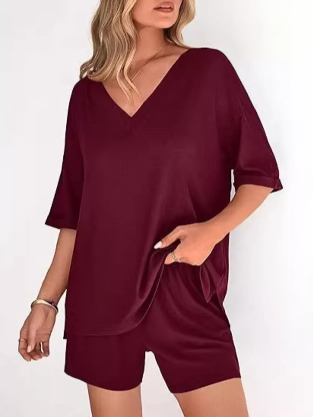 Solid Color V-Neck and Shorts Set, image 14