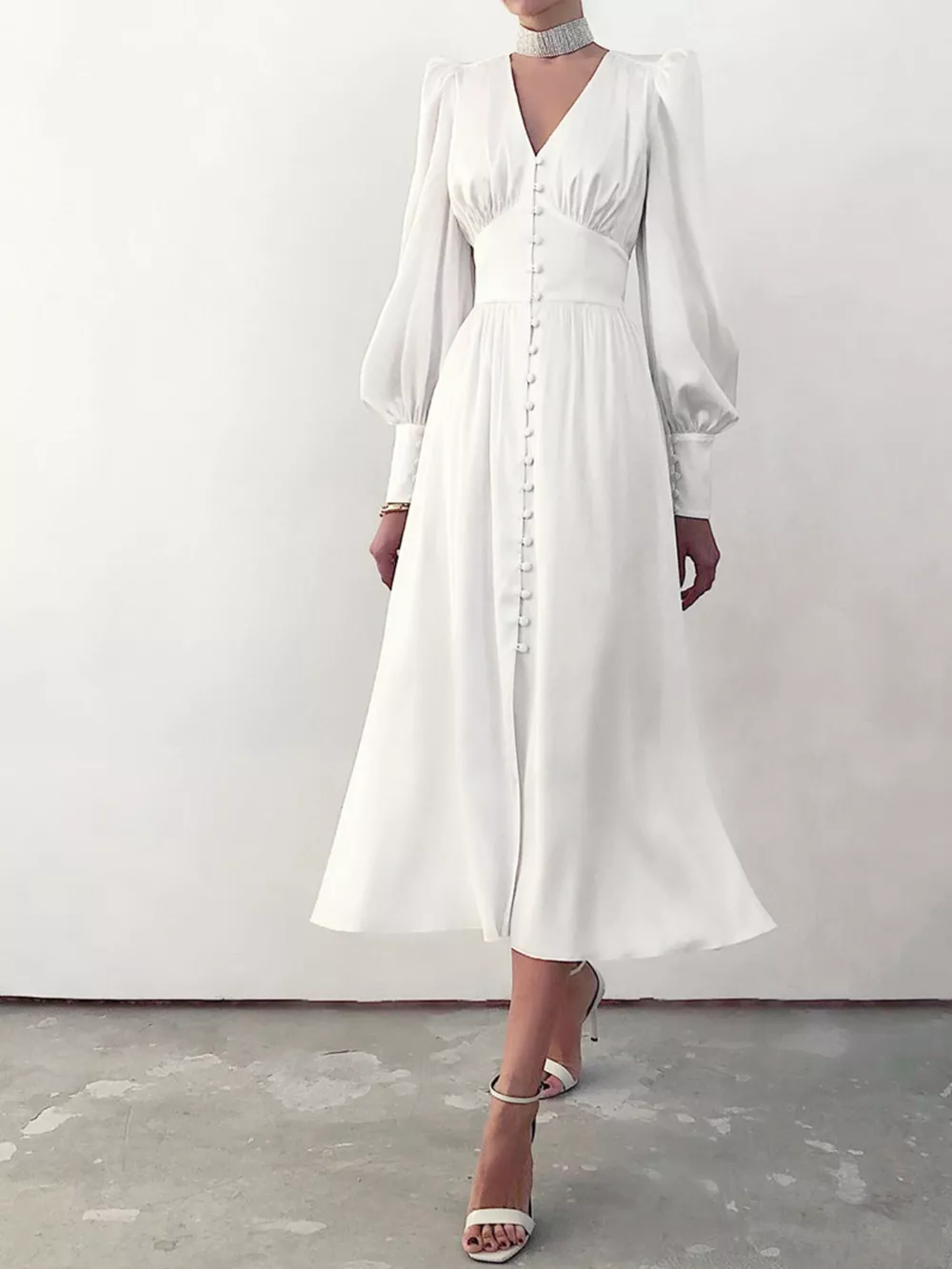 Elegant V-Neck Puff Sleeve Button-Down Midi Dress