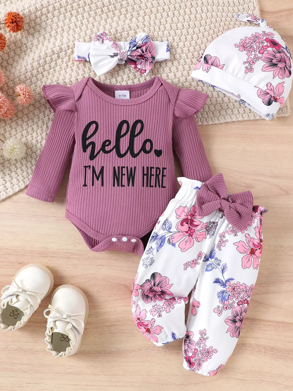 Children's Letter Ribbed Bodysuit and Pants Set with Headband & Hat