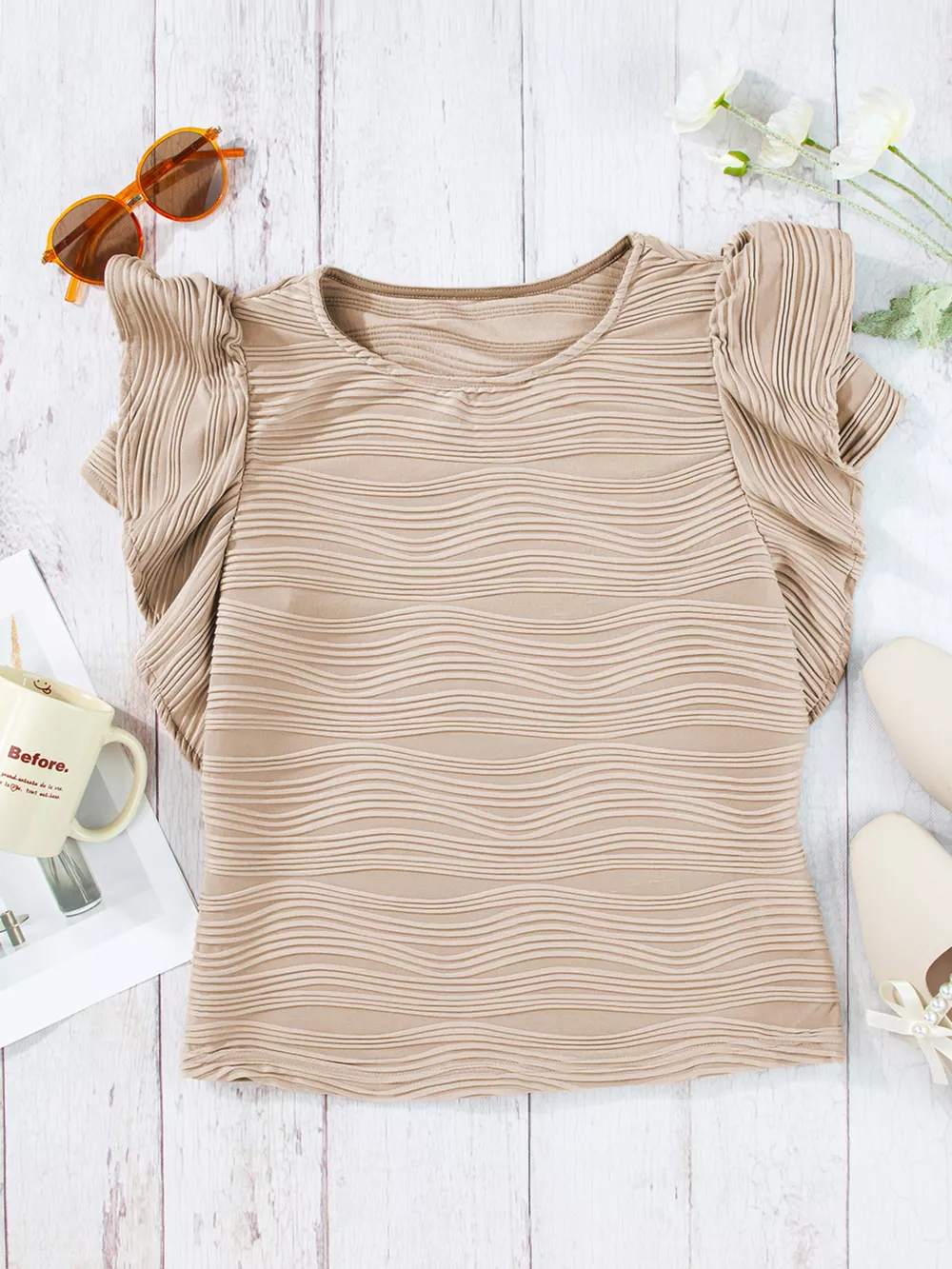 Casual Wavy Textured Ruffle Sleeve Top, image 5