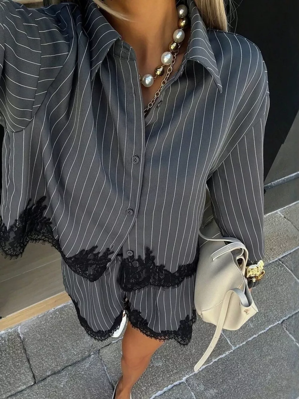Lace Trim Striped Button-Down Shirt and Shorts Set